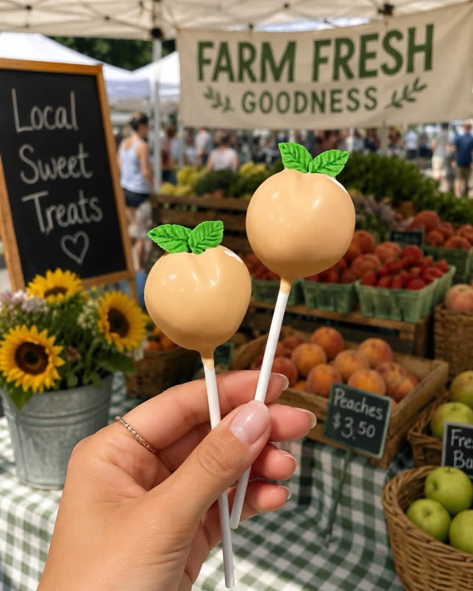 Peach cake pops held up at the farmers market, fresh peaches behind