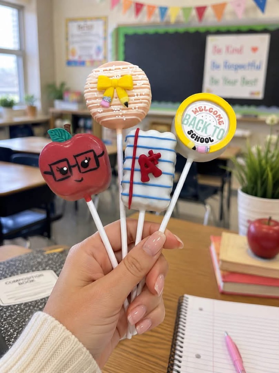 Back-to-school cake pops in a classroom: an apple with glasses, a pencil pop, a notebook with a red A plus, and a Welcome Back to School pop