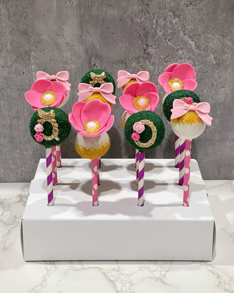 Floral cake pops with pink blooms, bows and gold detailing
