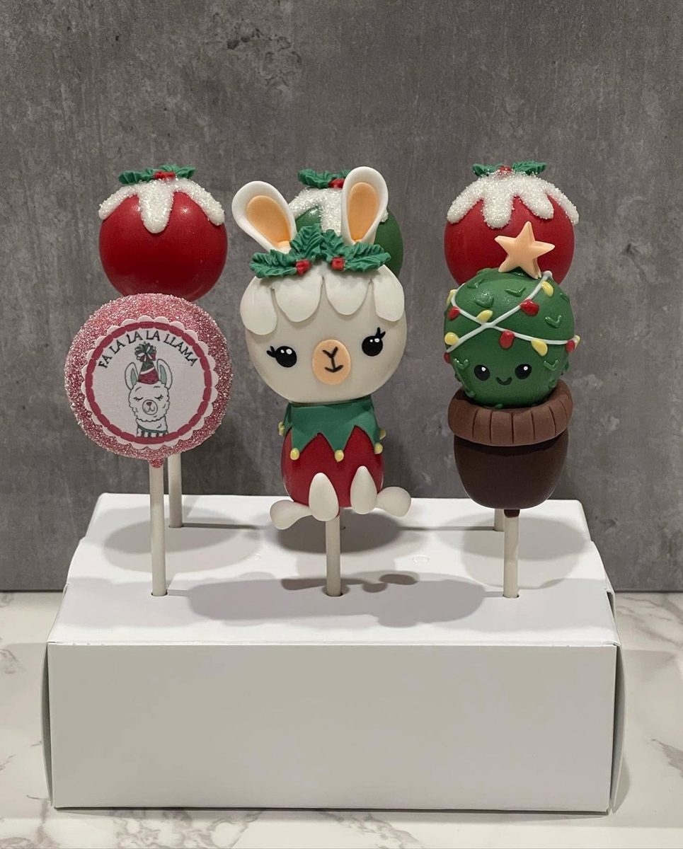 Christmas cake pops — llama elf, decorated tree and puddings