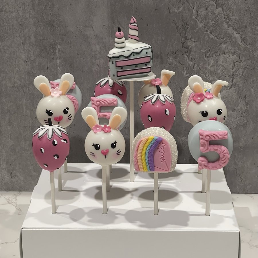 Bunny, strawberry and rainbow cake pops for a 5th birthday