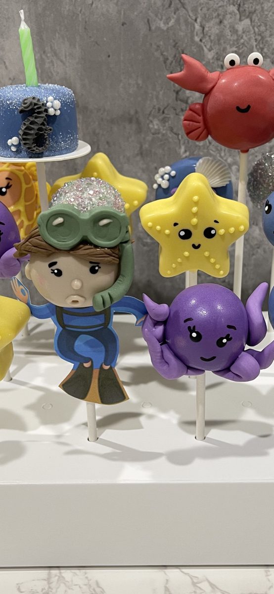Under-the-sea cake pops — octopus, starfish, crab and a diver