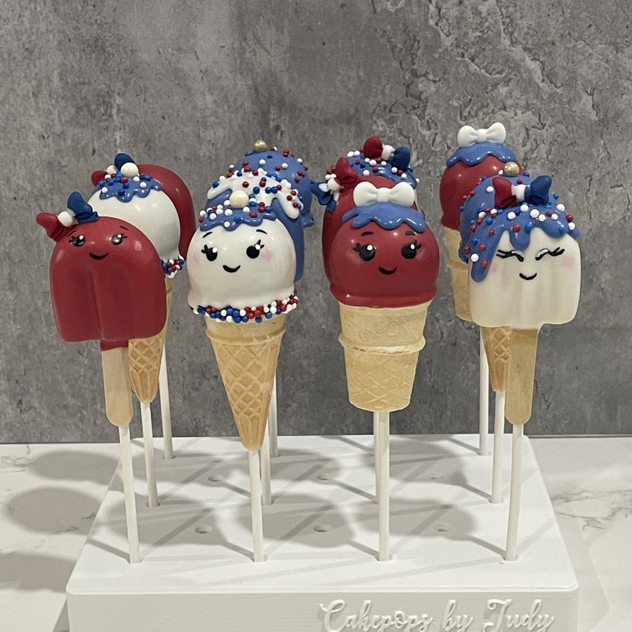 Patriotic red, white and blue ice cream cone cake pops